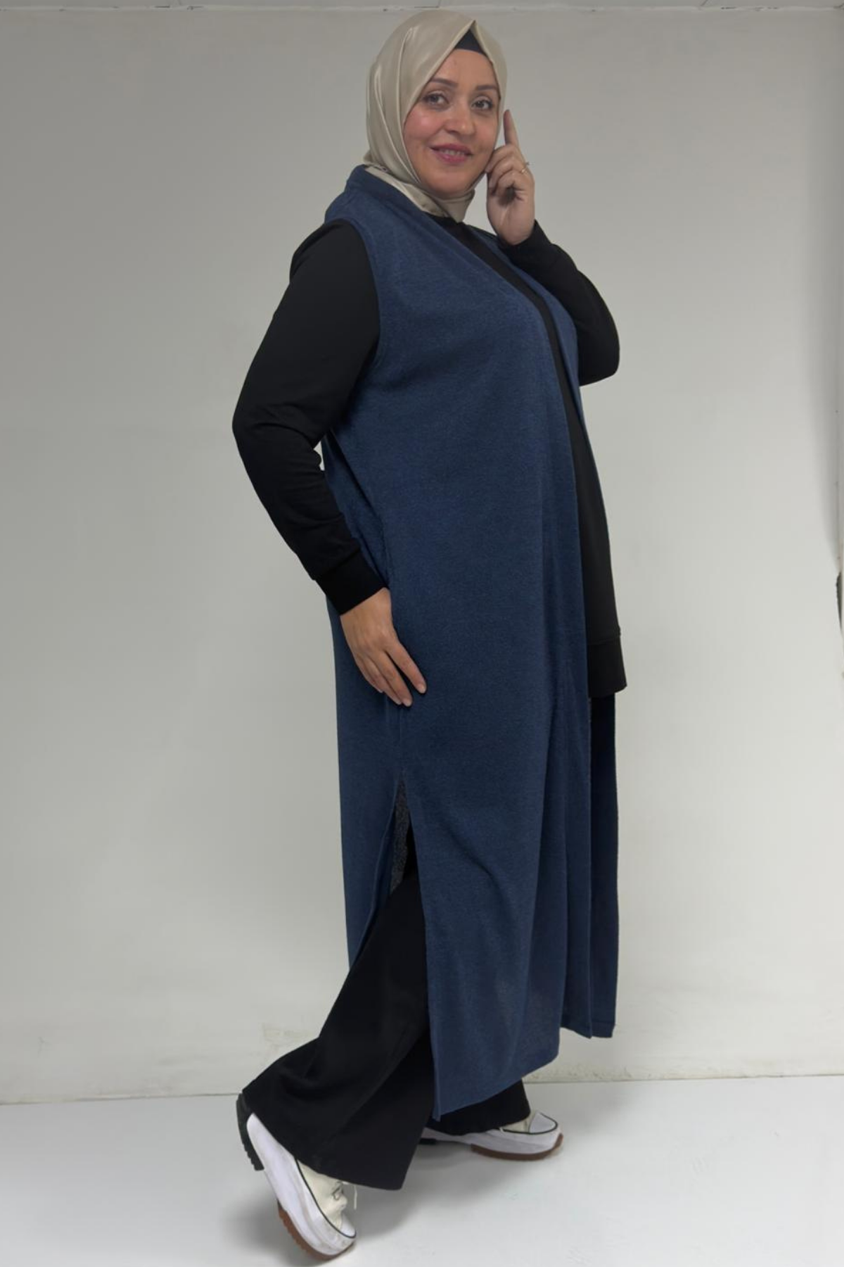 54015 Büyük Beden Yırtmaçlı Cepli Uzun Mir Yelek - İndigo