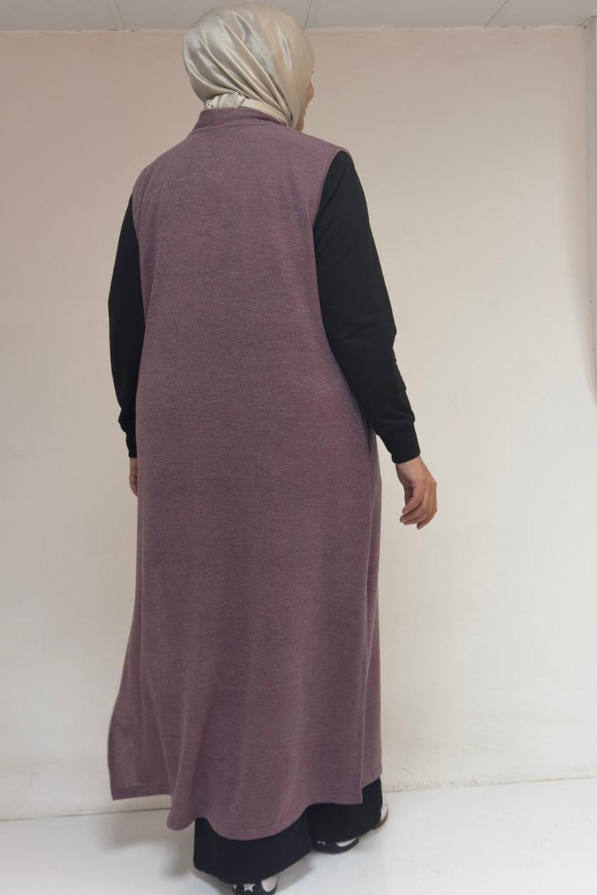 54015 Büyük Beden Yırtmaçlı Cepli Uzun Mir Yelek - Gül Kurusu