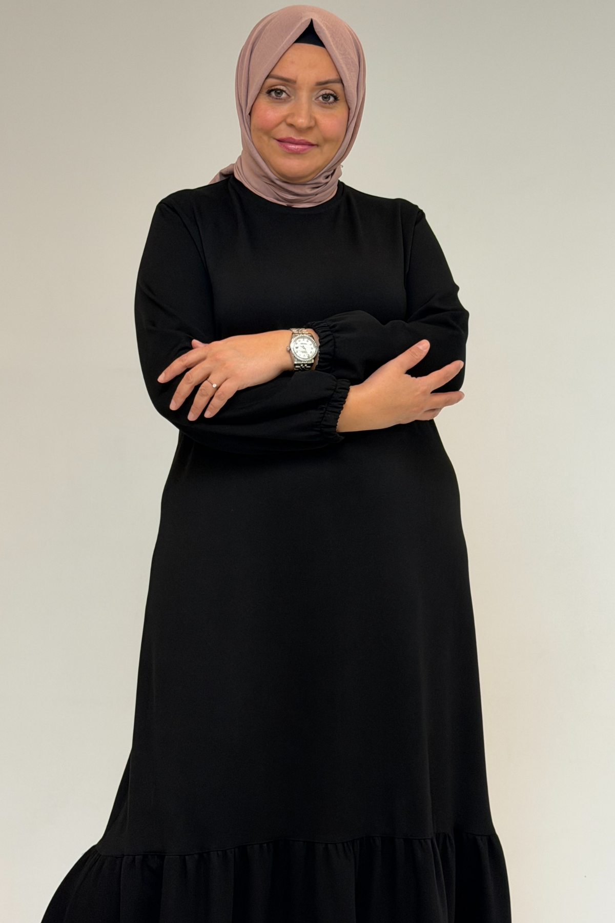 52033 Büyük Beden Eteği Fırfırlı Modal Elbise - Siyah