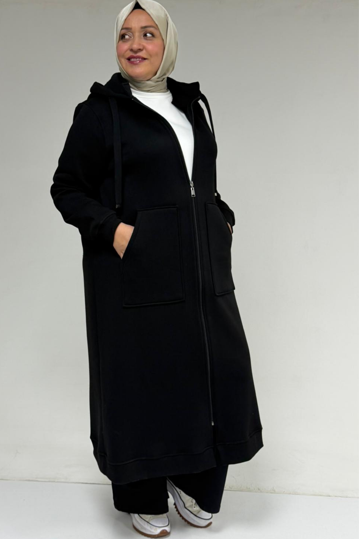 33103 Büyük Beden Fermuarlı Üç İplik Kap - Siyah