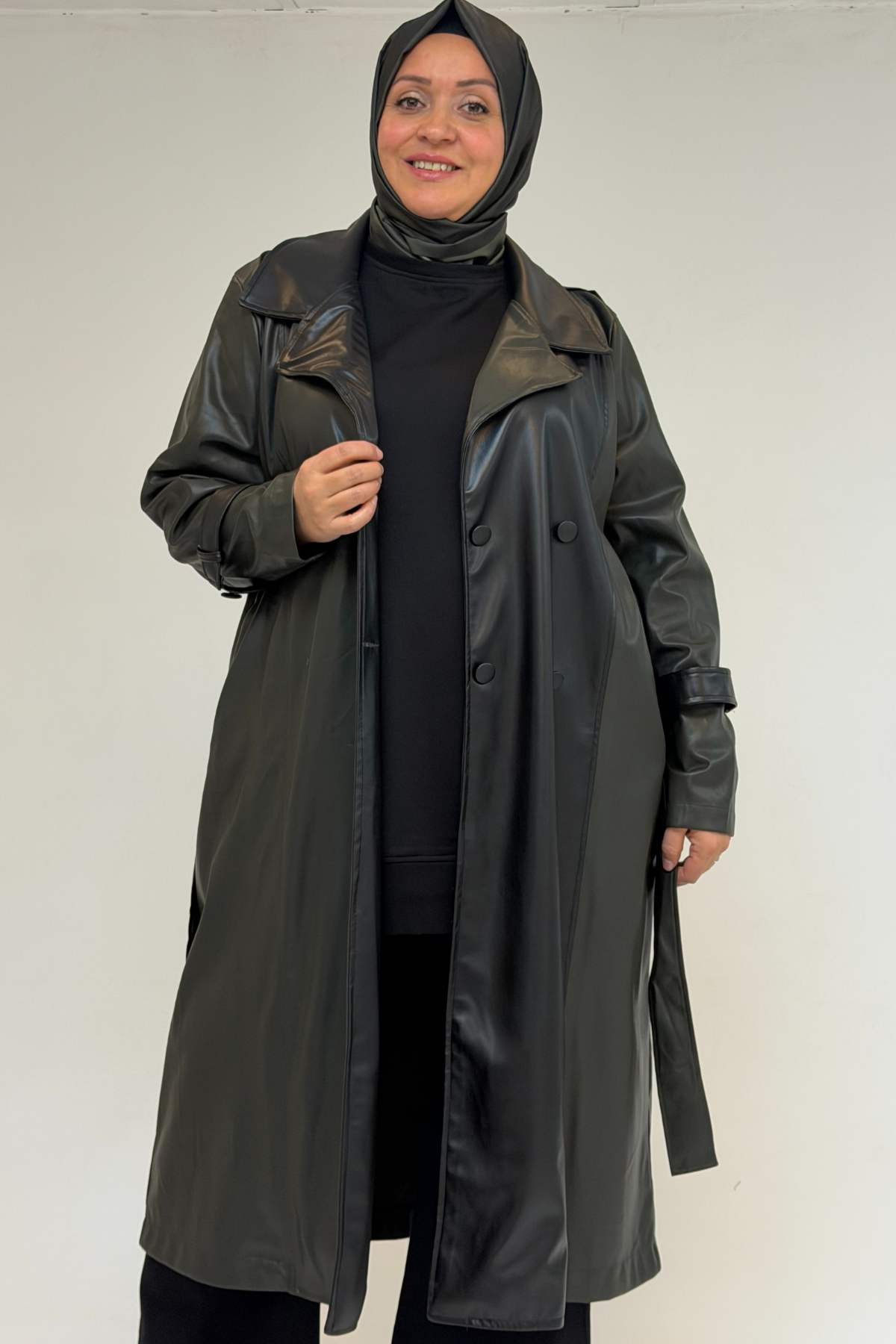 43099 Büyük Beden Deri Kombinli Düğmeli Kap - Haki