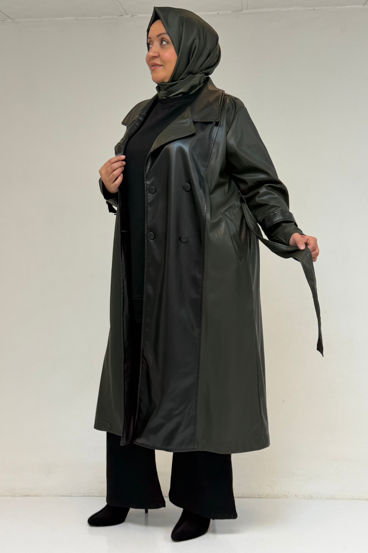 43099 Büyük Beden Deri Kombinli Düğmeli Kap - Haki