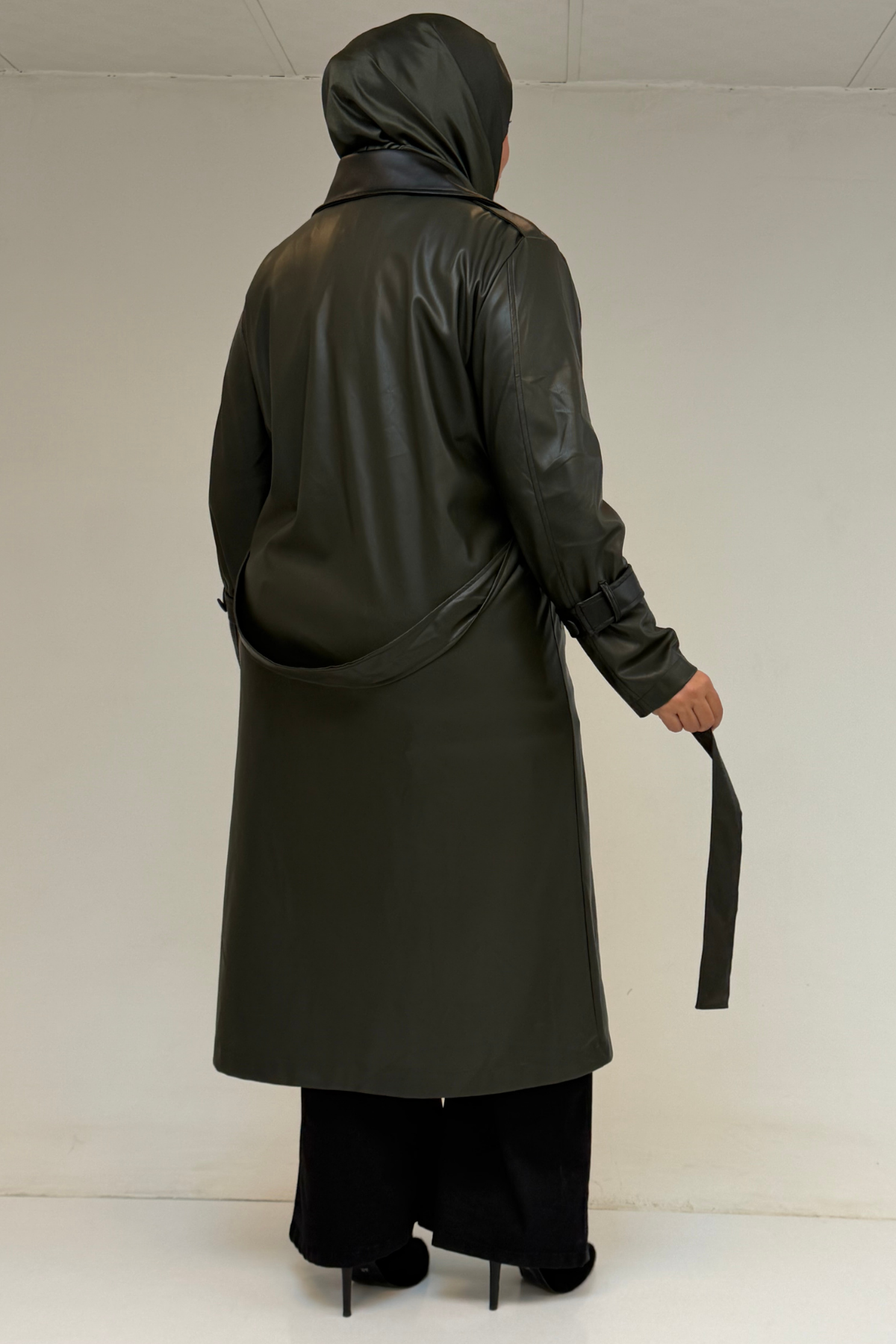 43099 Büyük Beden Deri Kombinli Düğmeli Kap - Haki