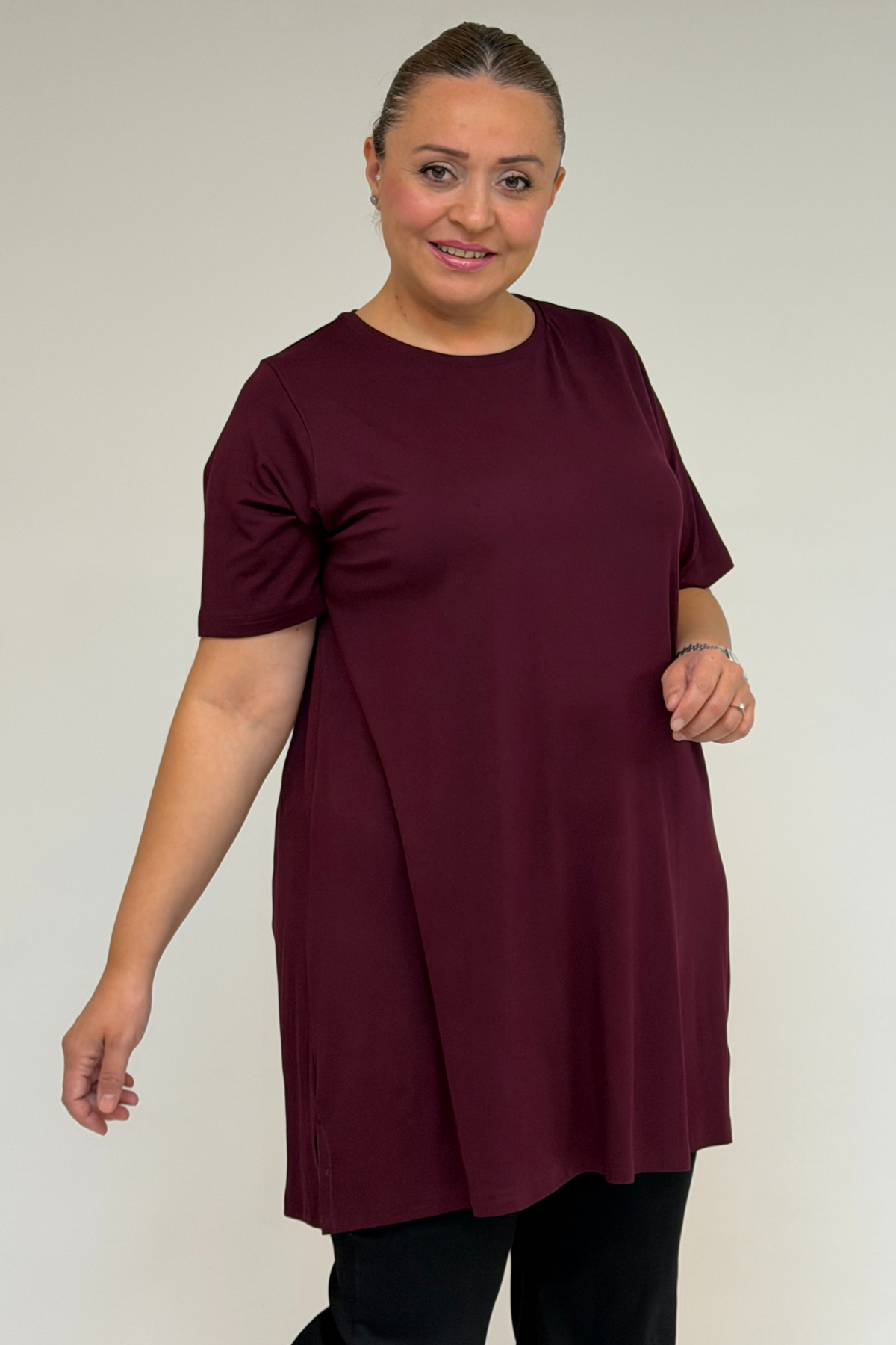 58507 Büyük Beden Yakası Biyeli Penye Tişört - Bordo