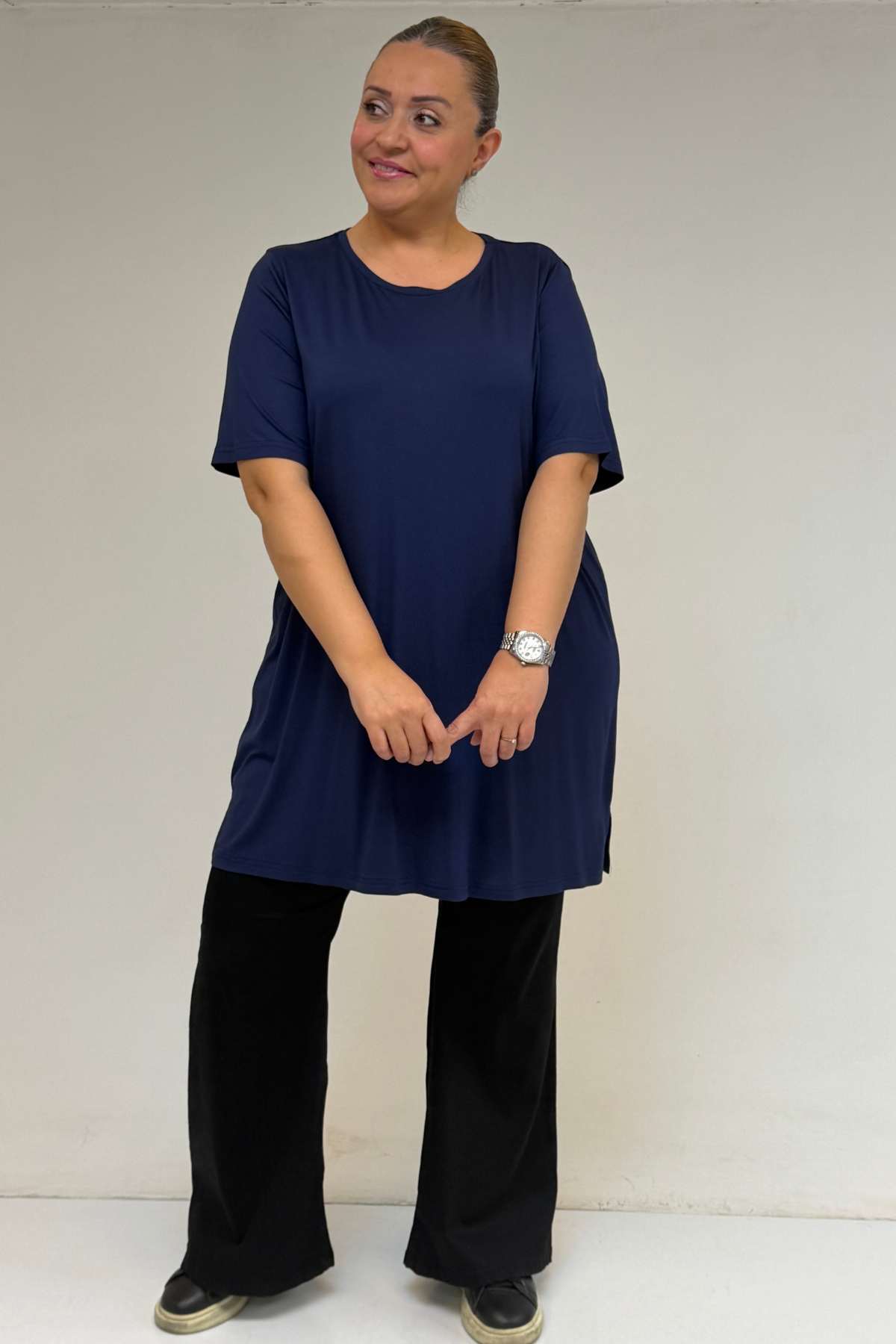 58507 Büyük Beden Yakası Biyeli Penye Tişört - İndigo