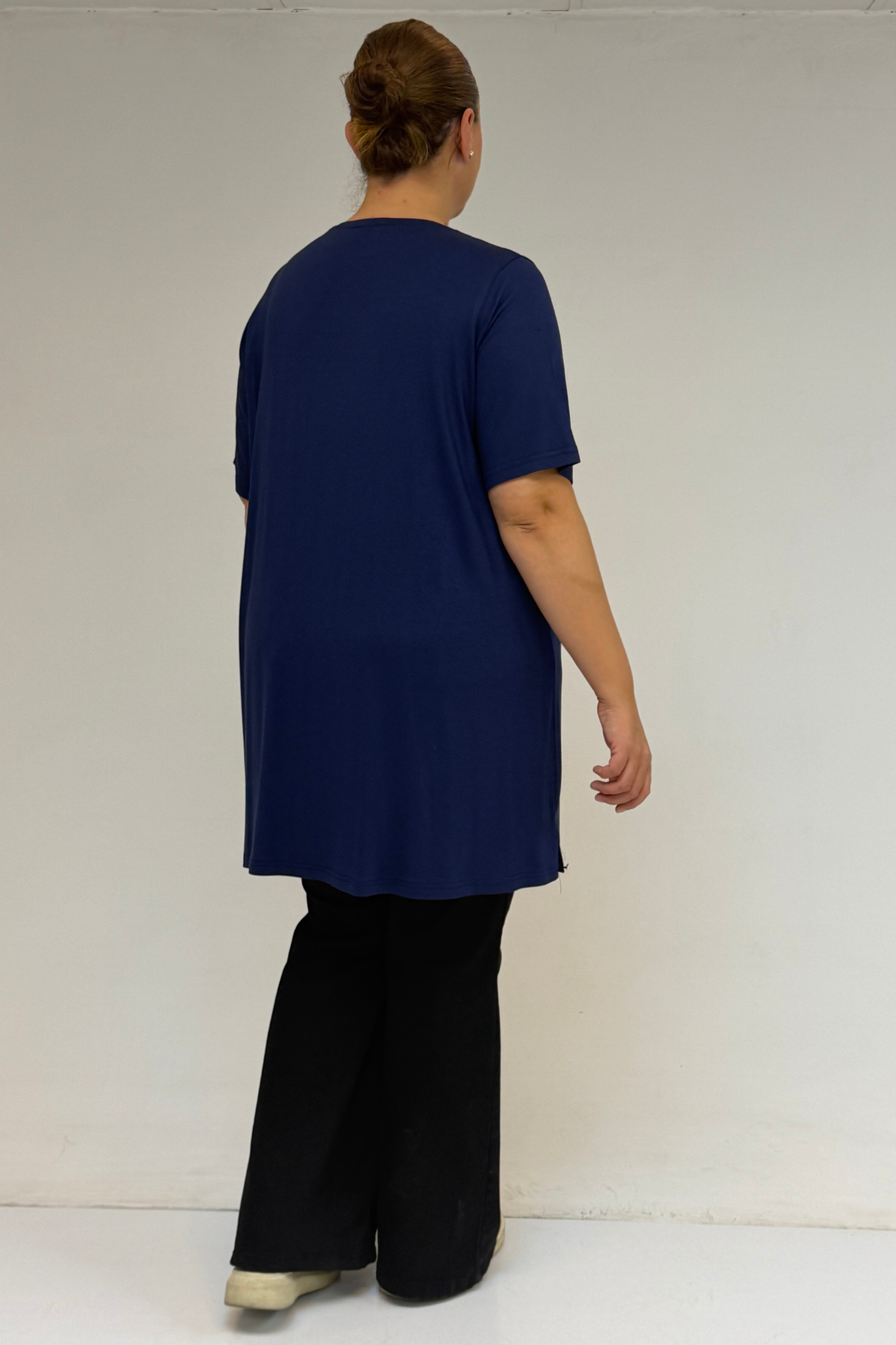 58507 Büyük Beden Yakası Biyeli Penye Tişört - İndigo