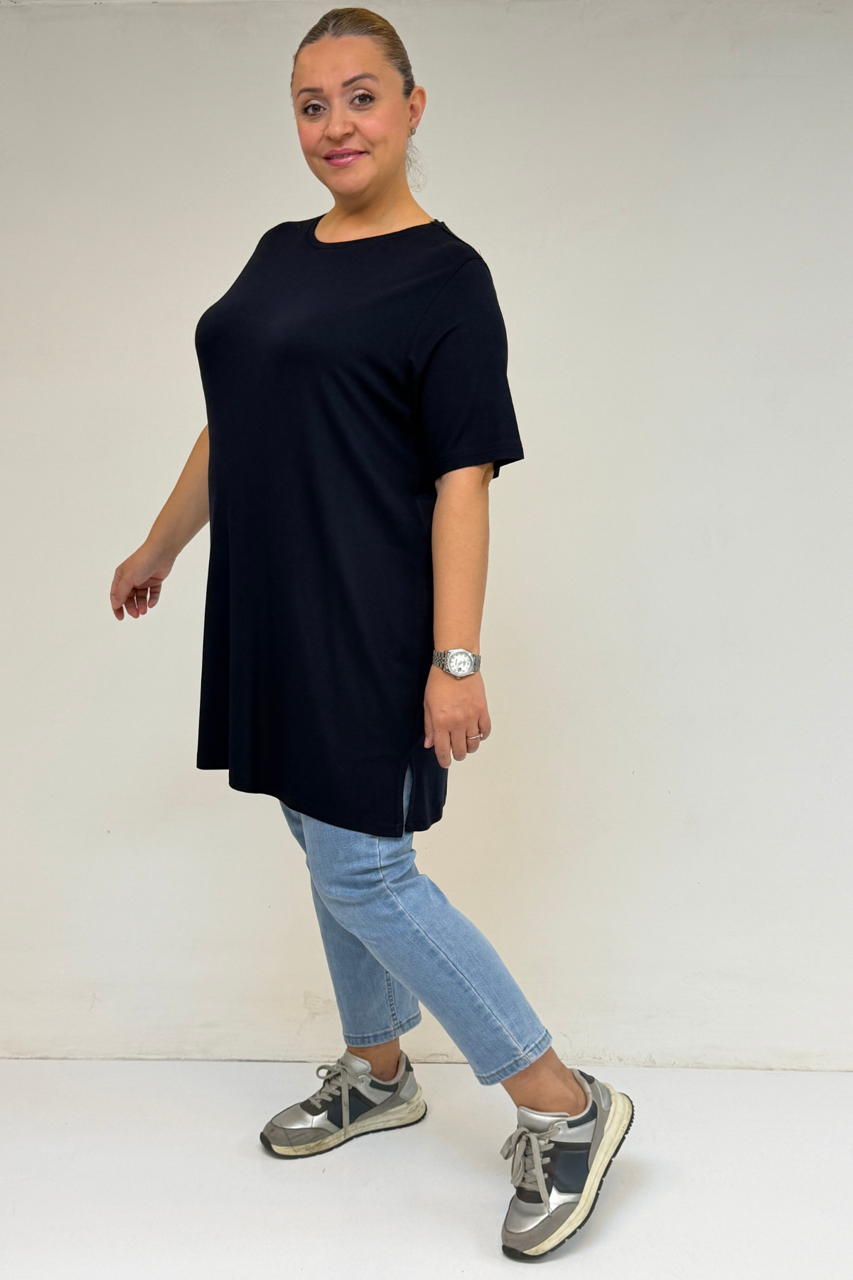 58507 Büyük Beden Yakası Biyeli Penye Tişört - Lacivert