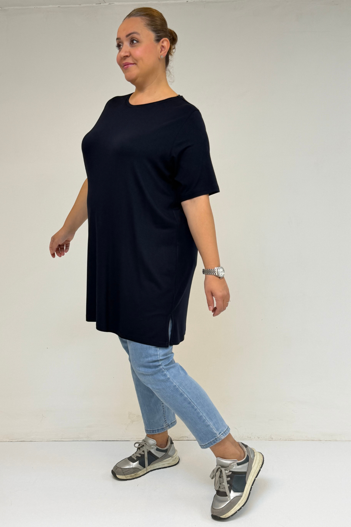 58507 Büyük Beden Yakası Biyeli Penye Tişört - Lacivert