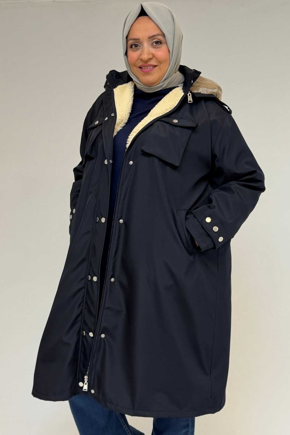 43061 Büyük Beden Kapaklı Cepli Fermuarlı Bondit Kap - Lacivert