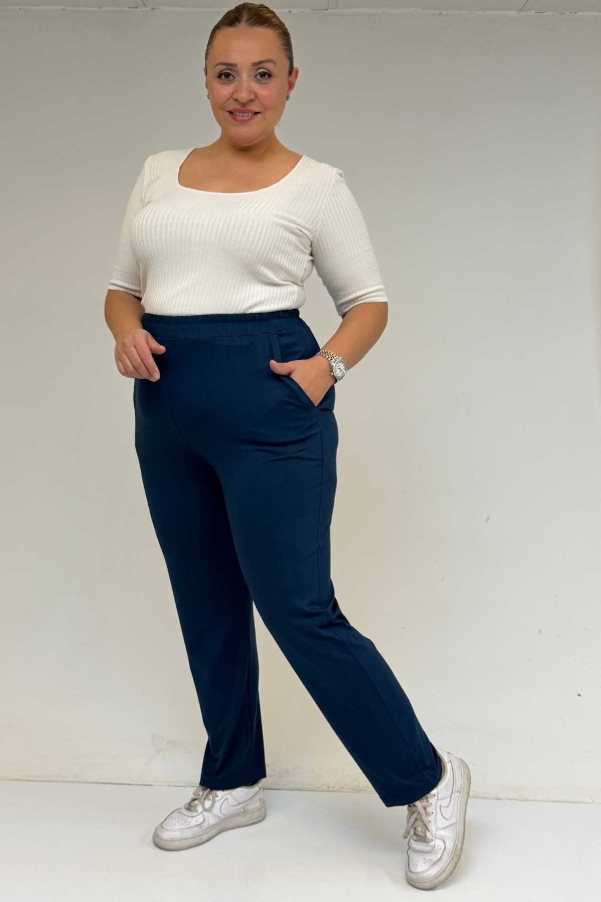 39001 Büyük Beden Yüksek Beli Lastikli Penye Pantolon -Petrol