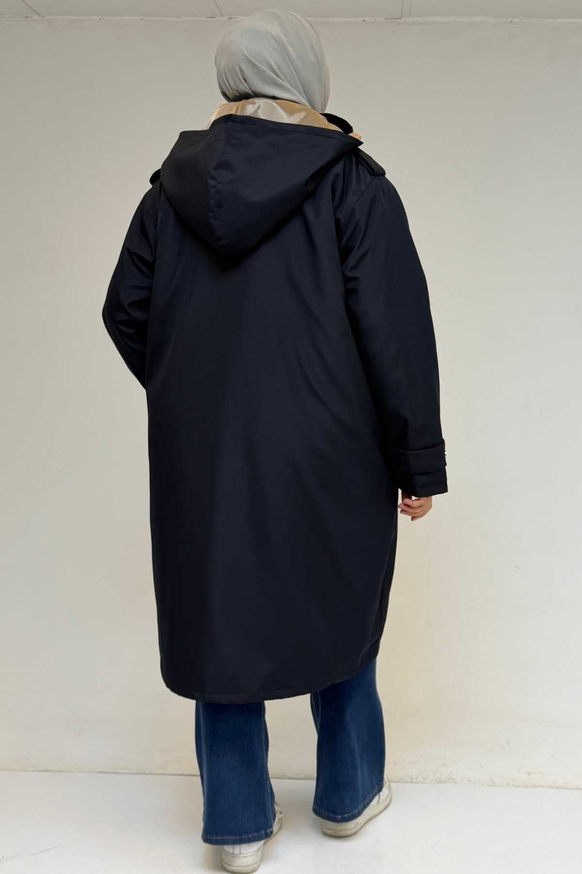 43061 Büyük Beden Kapaklı Cepli Fermuarlı Bondit Kap - Lacivert