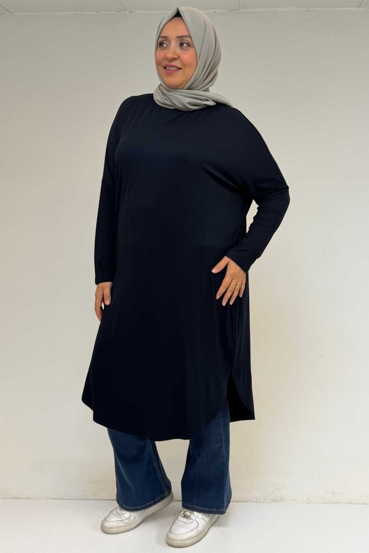 38110  Büyük Beden Düşük Kol Penye Tunik - Lacivert