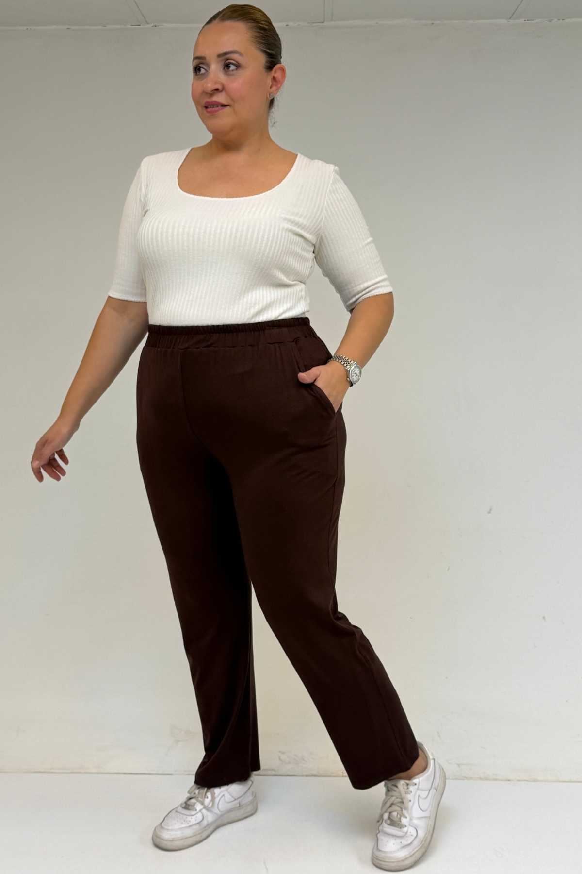 39001 Büyük Beden Yüksek Beli Lastikli Penye Pantolon - Kahve