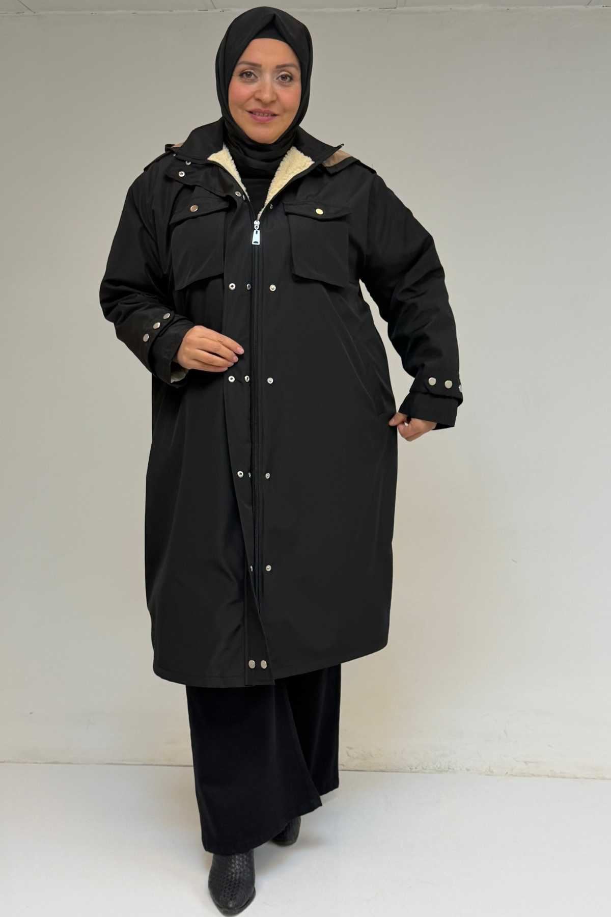 43061 Büyük Beden Kapaklı Cepli Fermuarlı Bondit Kap - Siyah