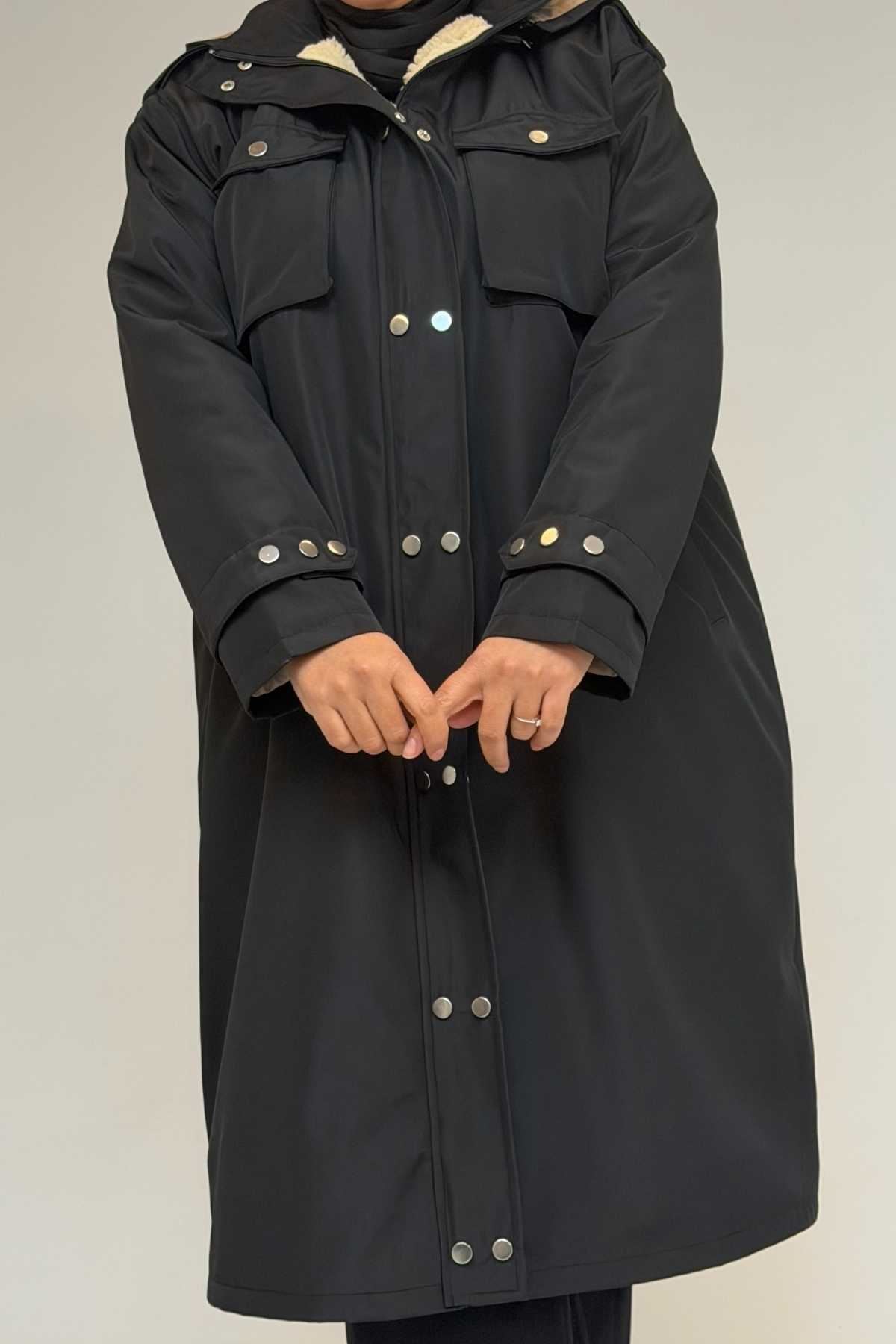 43061 Büyük Beden Kapaklı Cepli Fermuarlı Bondit Kap - Siyah