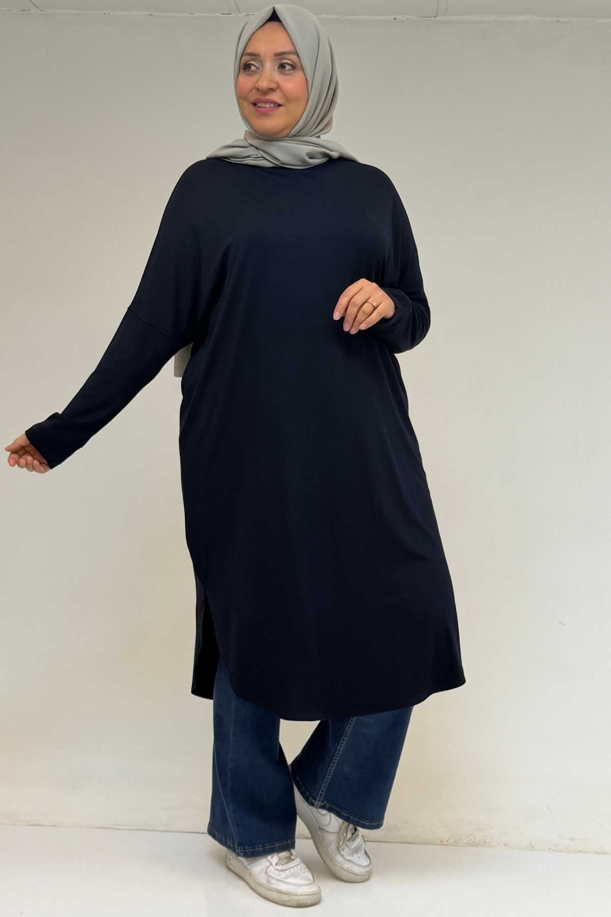 38110  Büyük Beden Düşük Kol Penye Tunik - Lacivert