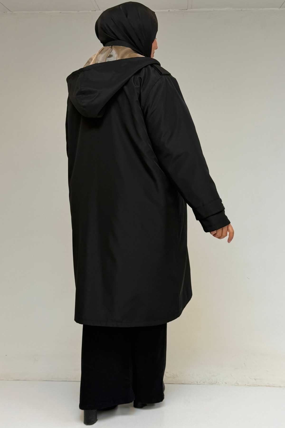 43061 Büyük Beden Kapaklı Cepli Fermuarlı Bondit Kap - Siyah