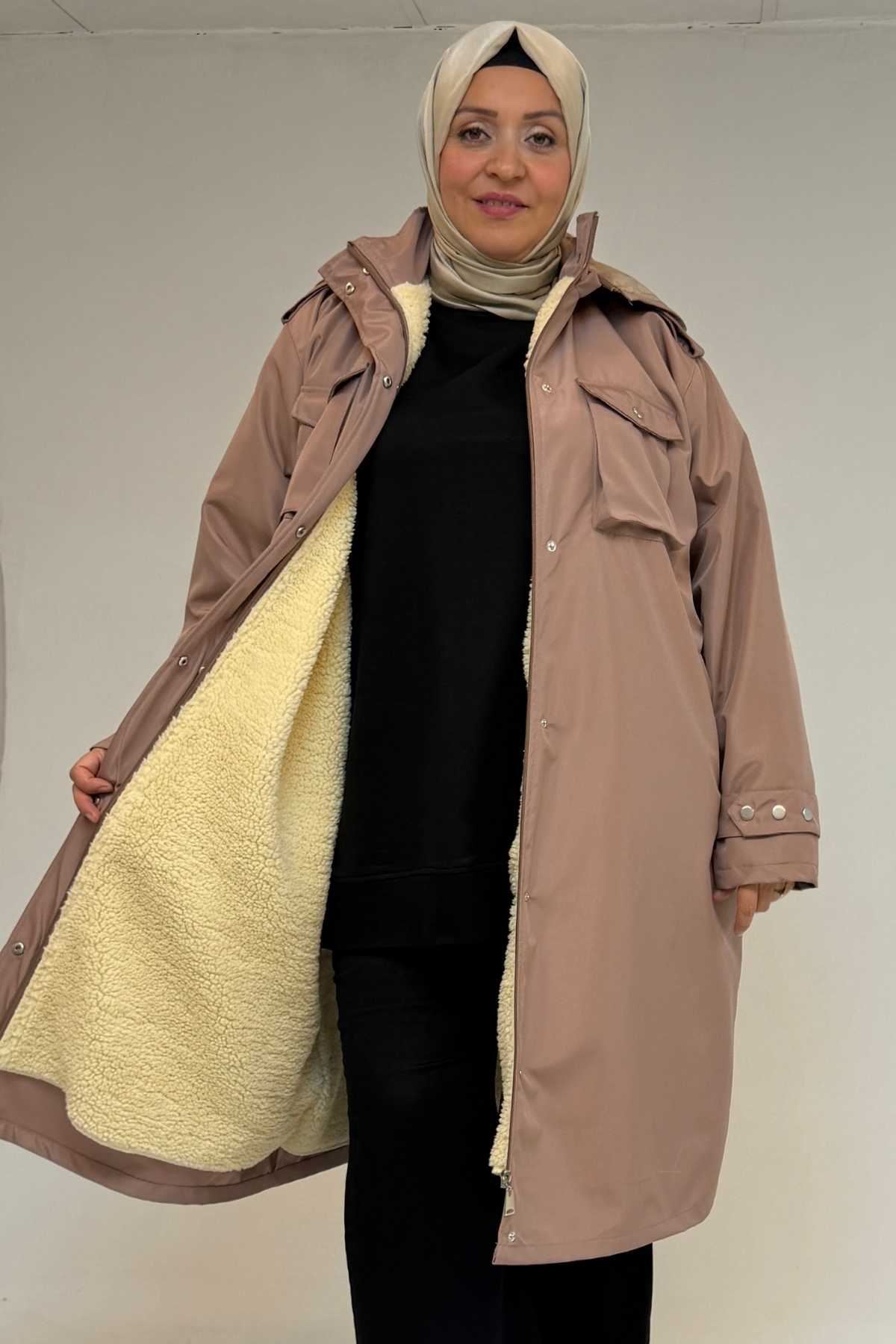 43061 Büyük Beden Kapaklı Cepli Fermuarlı Bondit Kap - Pudra