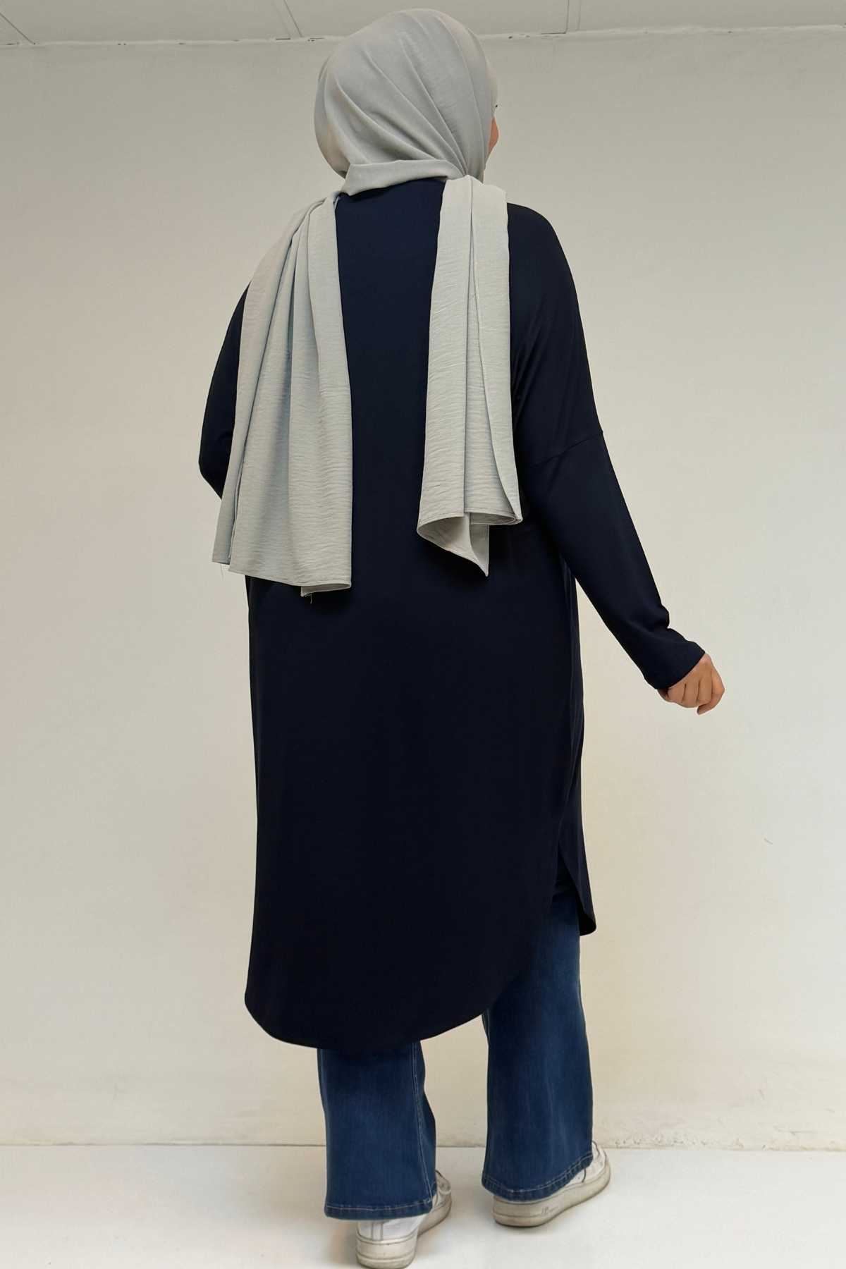 38110  Büyük Beden Düşük Kol Penye Tunik - Lacivert