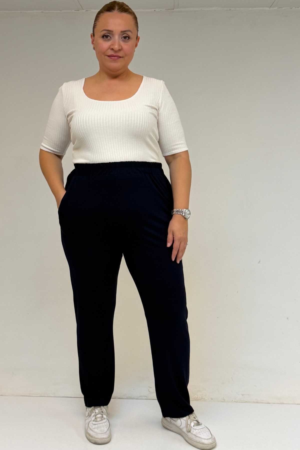 39001 Büyük Beden Yüksek Beli Lastikli Penye Pantolon - Lacivert