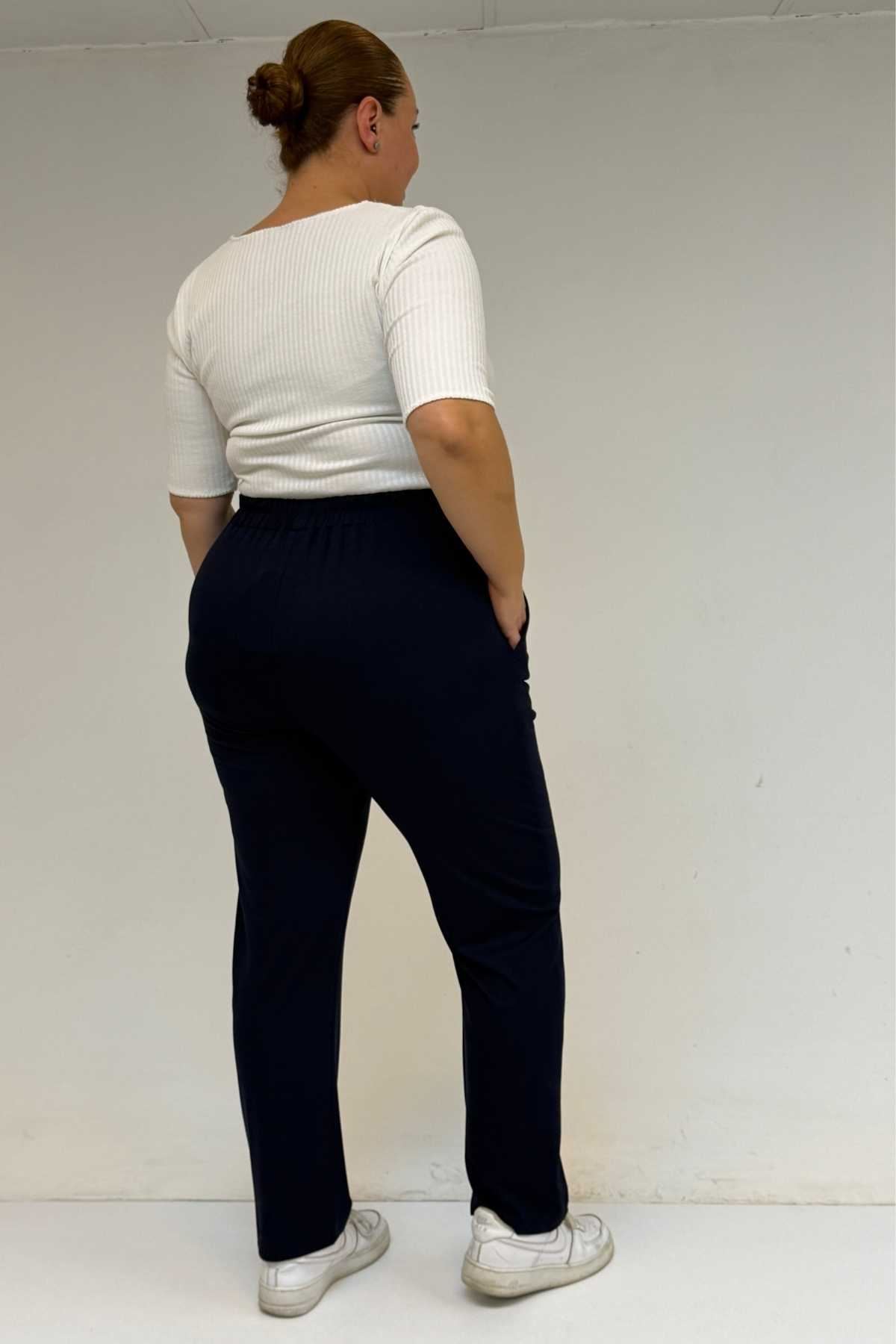 39001 Büyük Beden Yüksek Beli Lastikli Penye Pantolon - Lacivert