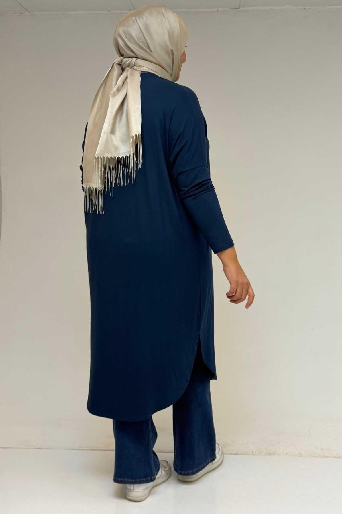 38110  Büyük Beden Düşük Kol Penye Tunik - Petrol