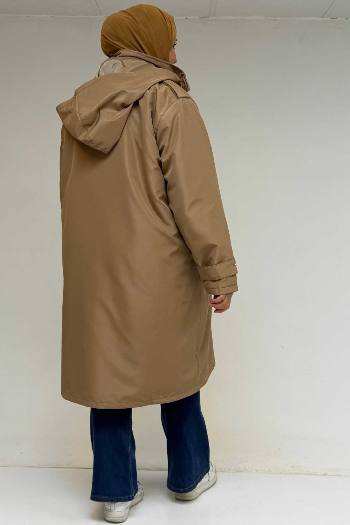 43061 Büyük Beden Kapaklı Cepli Fermuarlı Bondit Kap - Bej