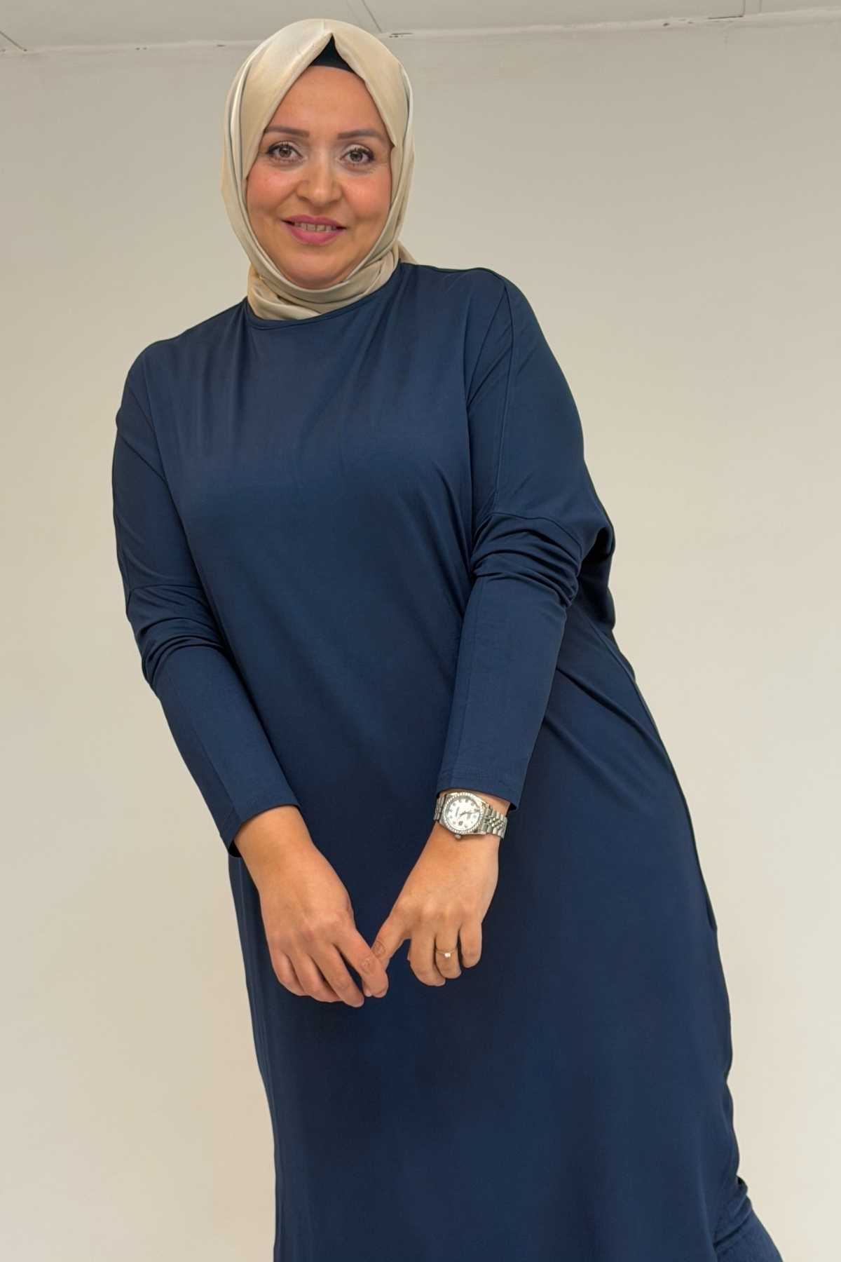 38110  Büyük Beden Düşük Kol Penye Tunik - Petrol