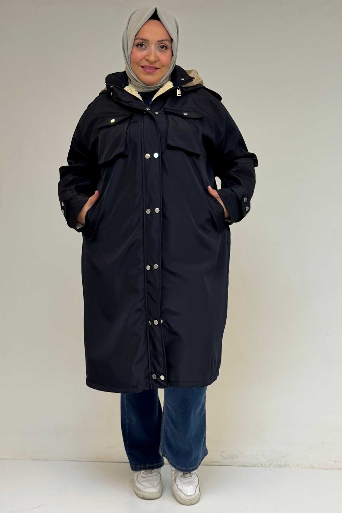 43061 Büyük Beden Kapaklı Cepli Fermuarlı Bondit Kap - Lacivert