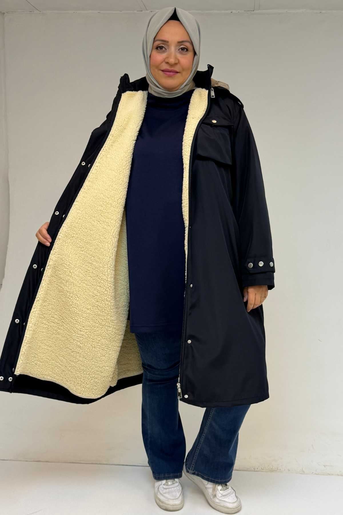 43061 Büyük Beden Kapaklı Cepli Fermuarlı Bondit Kap - Lacivert