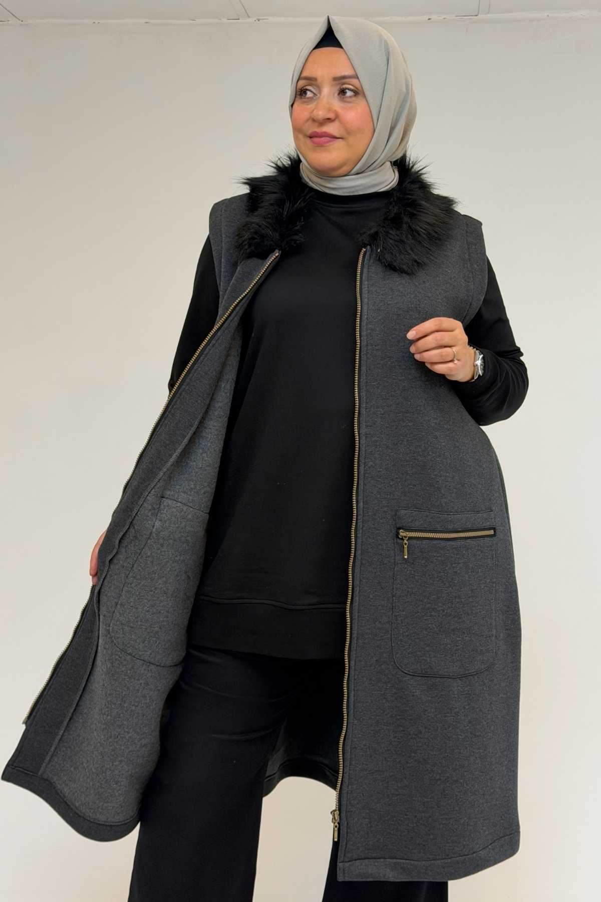 44006 Büyük Beden Cepleri Fermuarlı Üç İplik Yelek - Antrasit