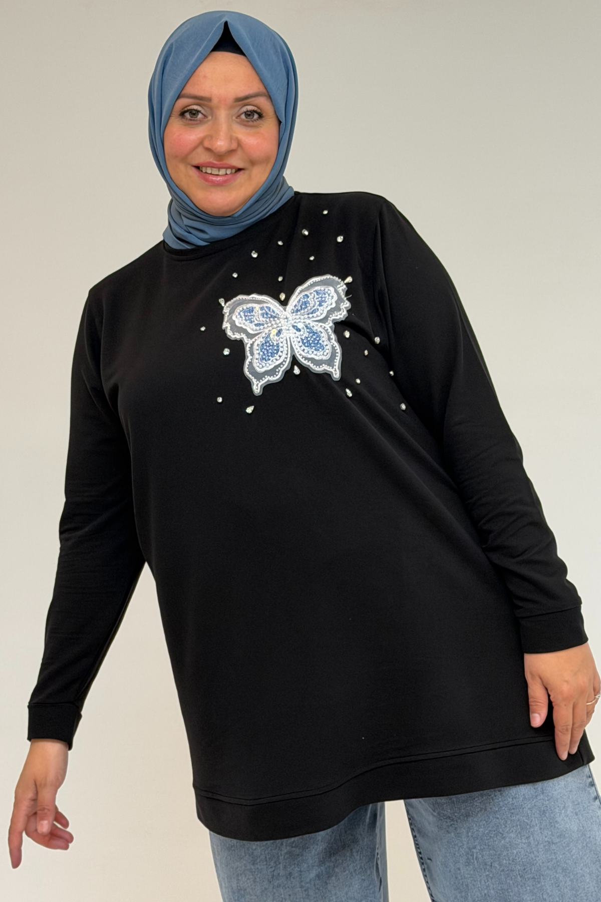 58172 Büyük Beden Taş Baskı Detaylı Kristal Tunik - Siyah