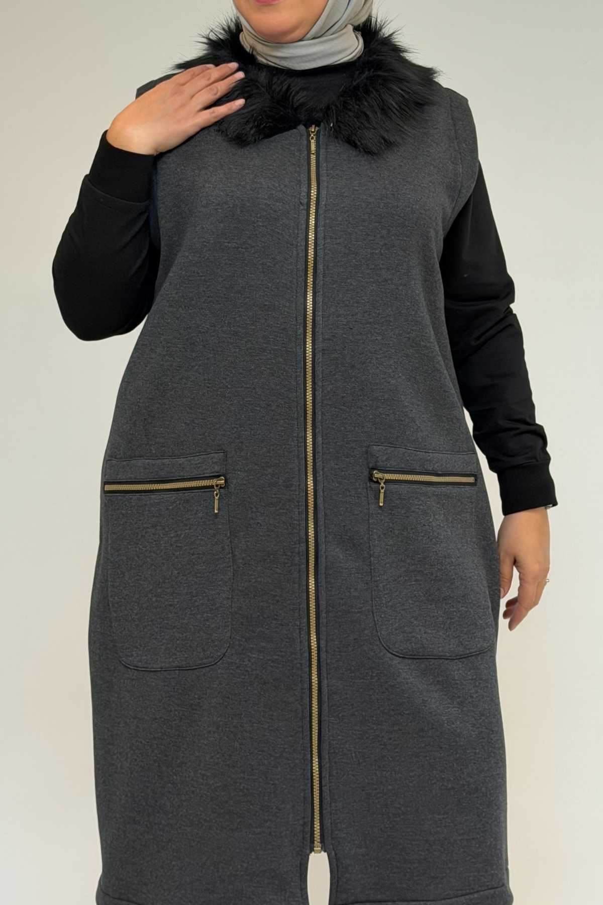 44006 Büyük Beden Cepleri Fermuarlı Üç İplik Yelek - Antrasit