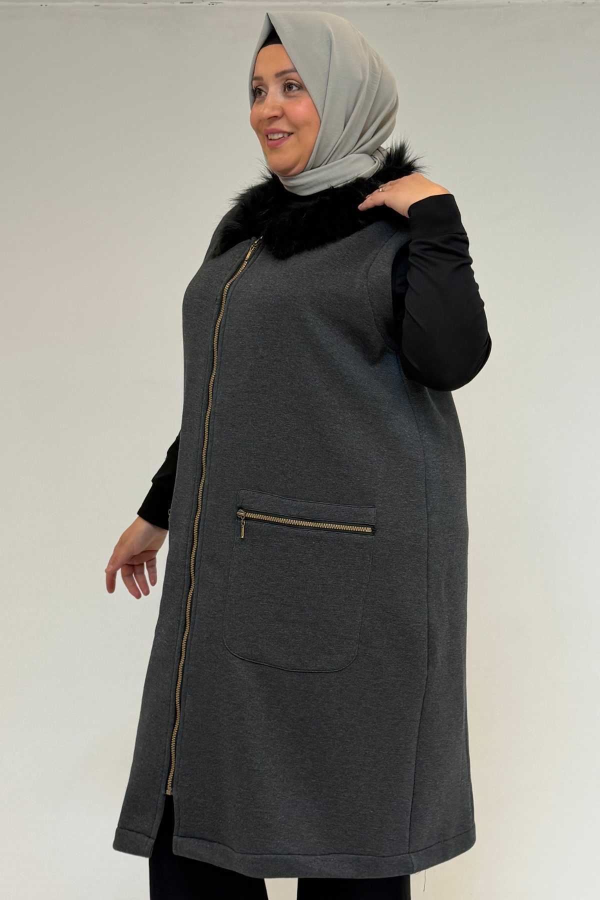 44006 Büyük Beden Cepleri Fermuarlı Üç İplik Yelek - Antrasit