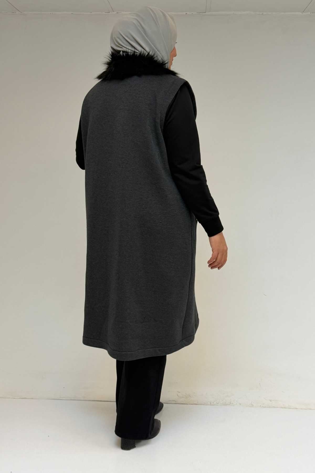 44006 Büyük Beden Cepleri Fermuarlı Üç İplik Yelek - Antrasit