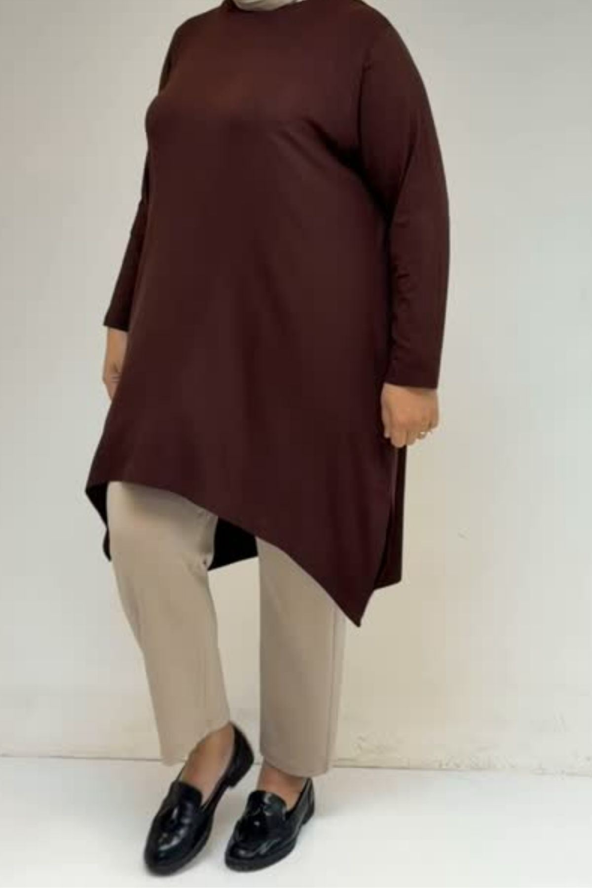 58070 Büyük Beden Asimetrik Kesim Penye Tunik - Kahve