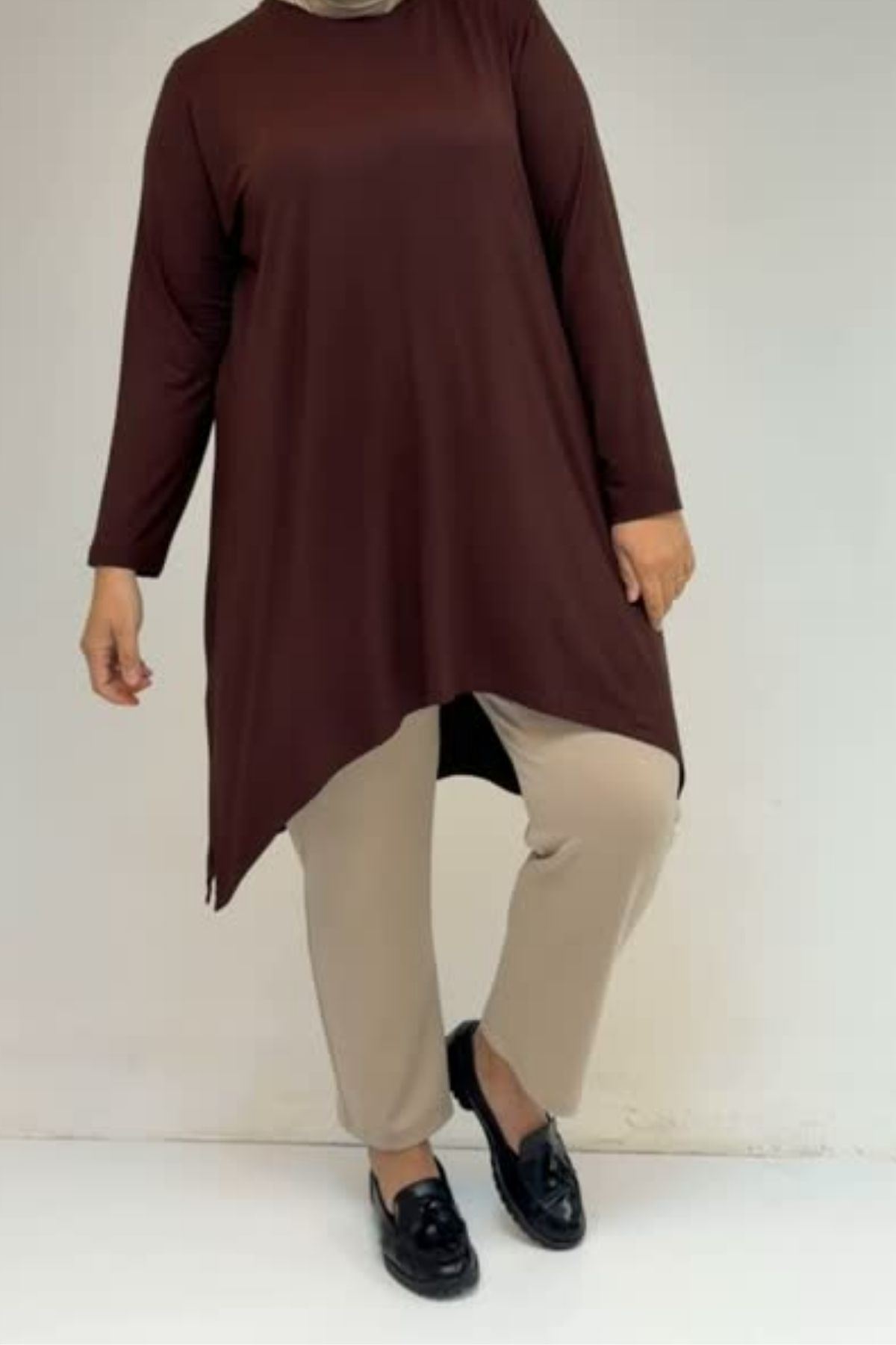 58070 Büyük Beden Asimetrik Kesim Penye Tunik - Kahve