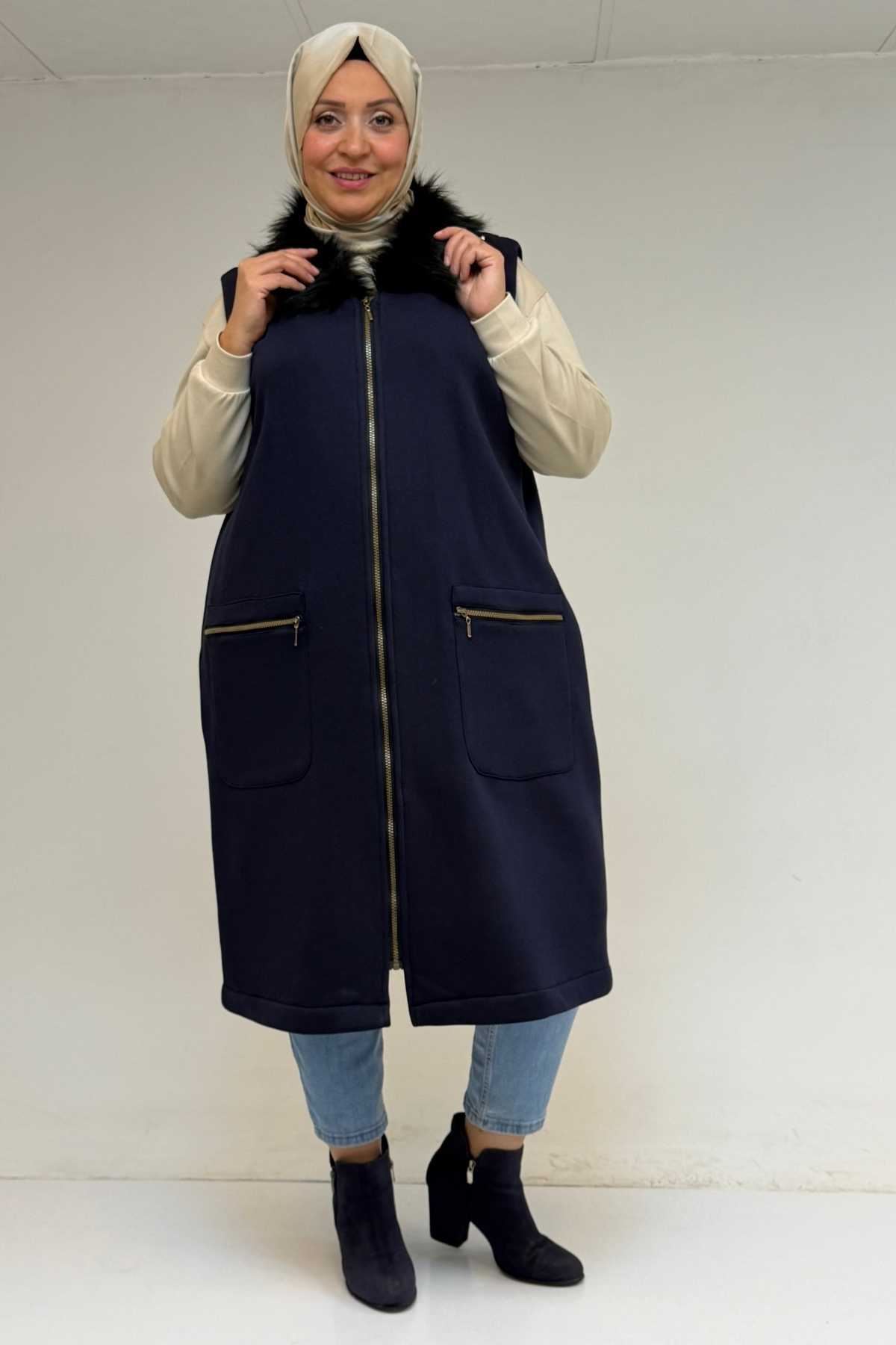 44006 Büyük Beden Cepleri Fermuarlı Üç İplik Yelek - Lacivert