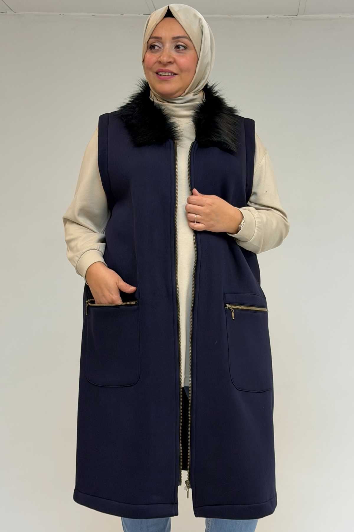 44006 Büyük Beden Cepleri Fermuarlı Üç İplik Yelek - Lacivert