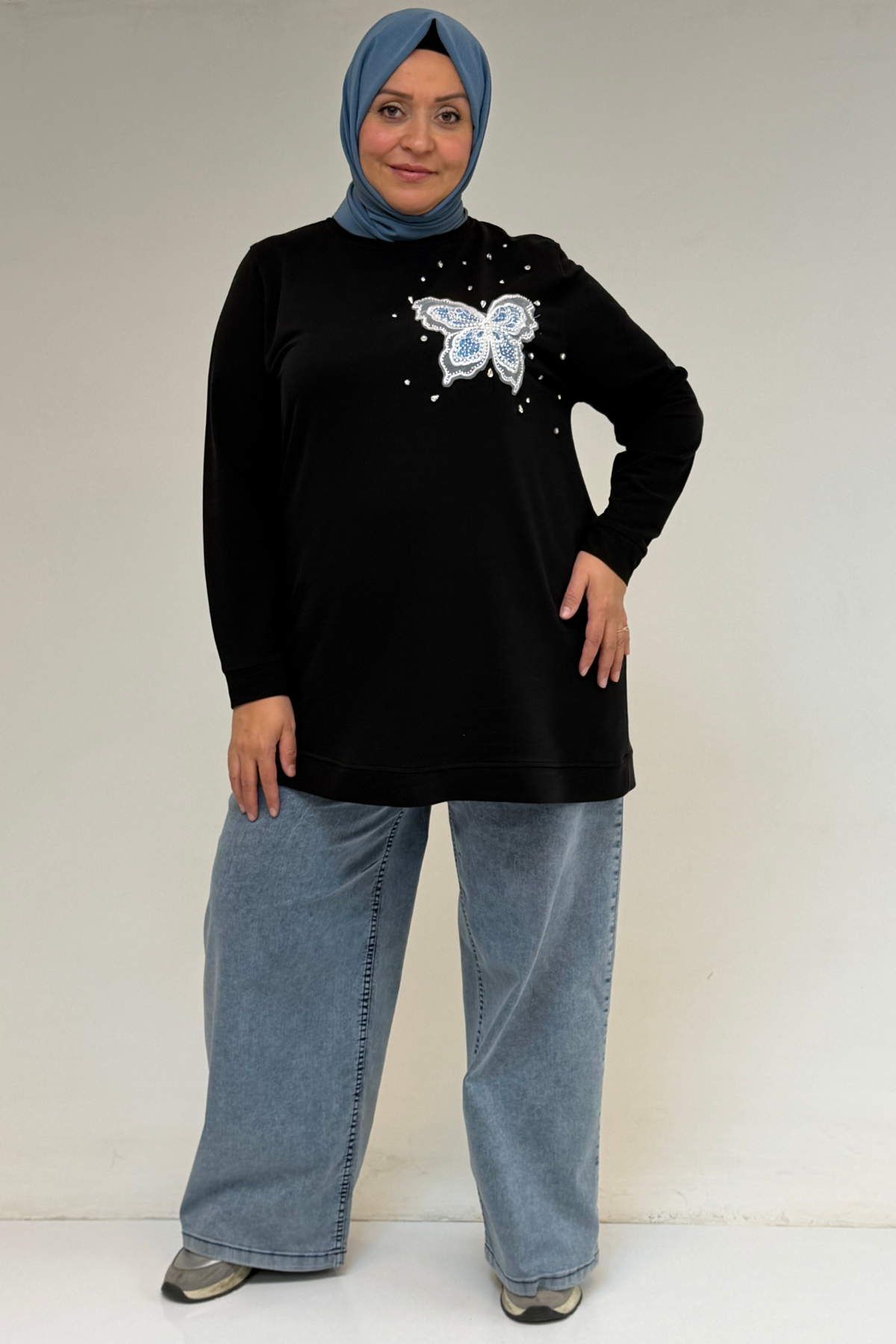 58172 Büyük Beden Taş Baskı Detaylı Kristal Tunik - Siyah