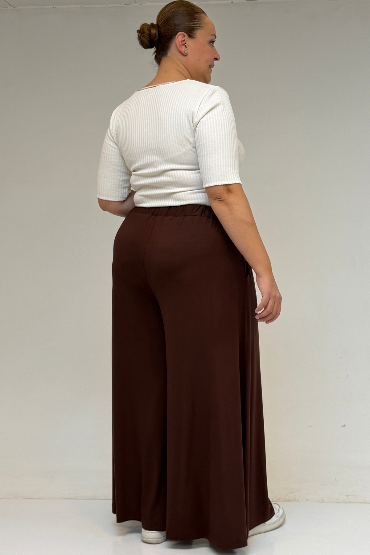 49003 Büyük Beden Beli Lastikli Penye Etek Pantolon - Kahve