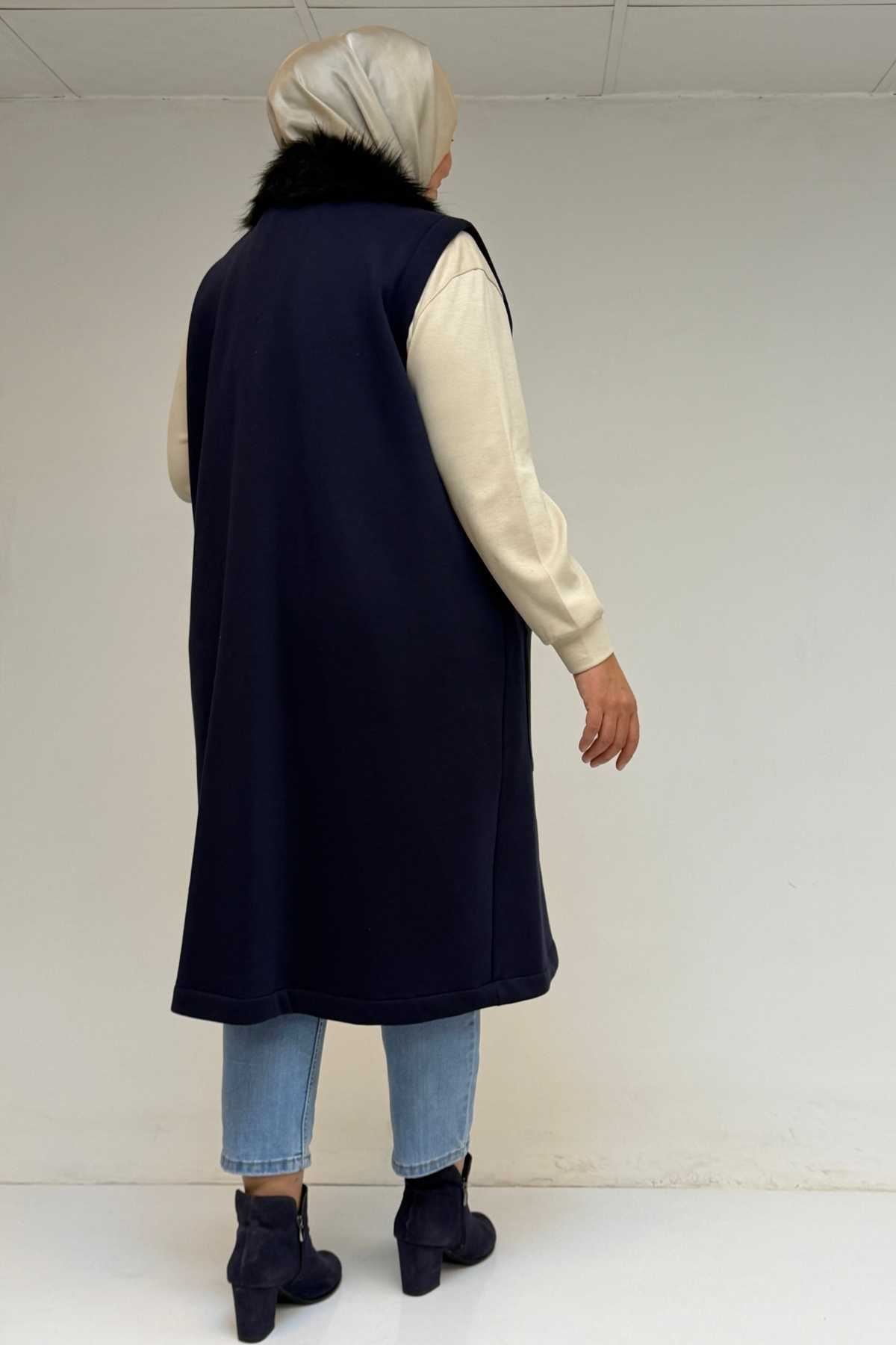 44006 Büyük Beden Cepleri Fermuarlı Üç İplik Yelek - Lacivert