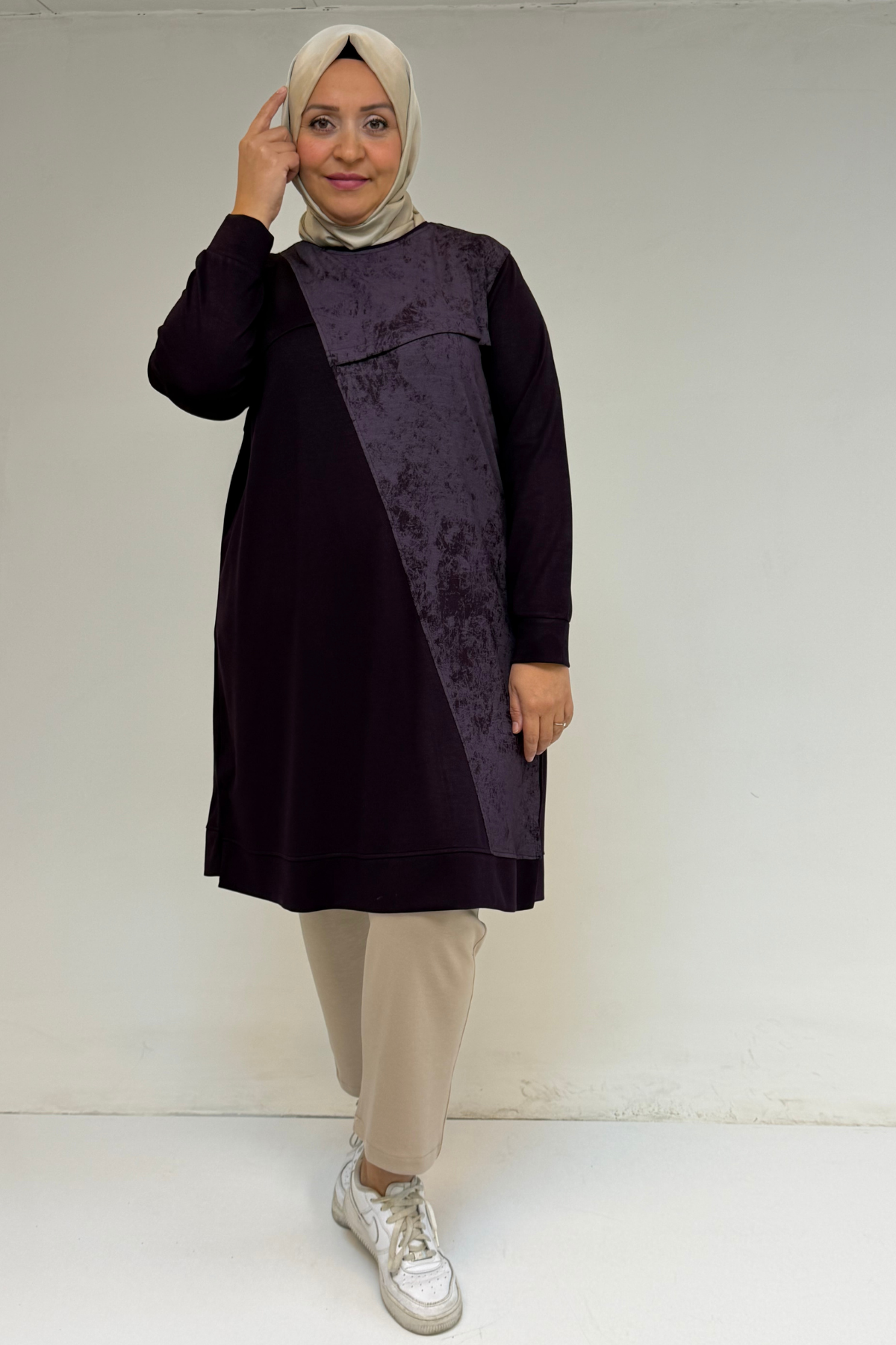 48110 Büyük Beden Batik Garni Detaylı Modal Tunik - Mürdüm