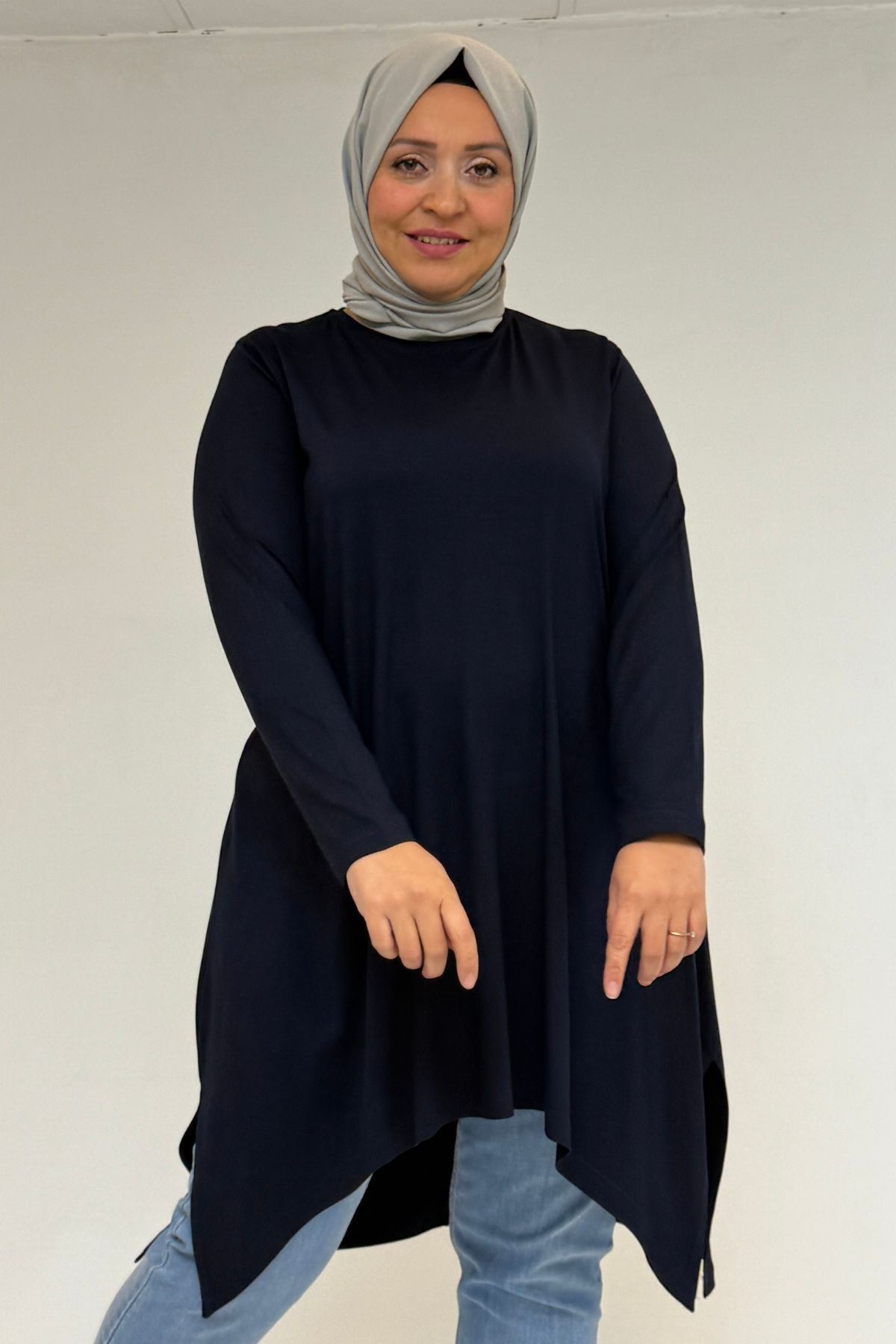 58070 Büyük Beden Asimetrik Kesim Penye Tunik - Lacivert