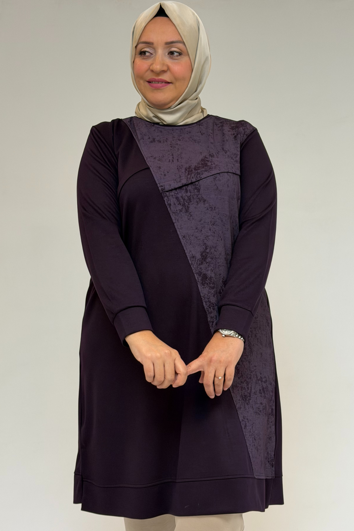 48110 Büyük Beden Batik Garni Detaylı Modal Tunik - Mürdüm