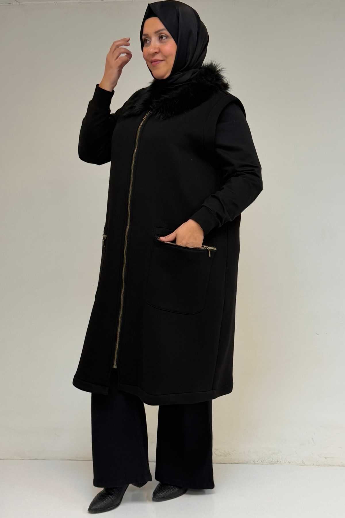 44006 Büyük Beden Cepleri Fermuarlı Üç İplik Yelek - Siyah