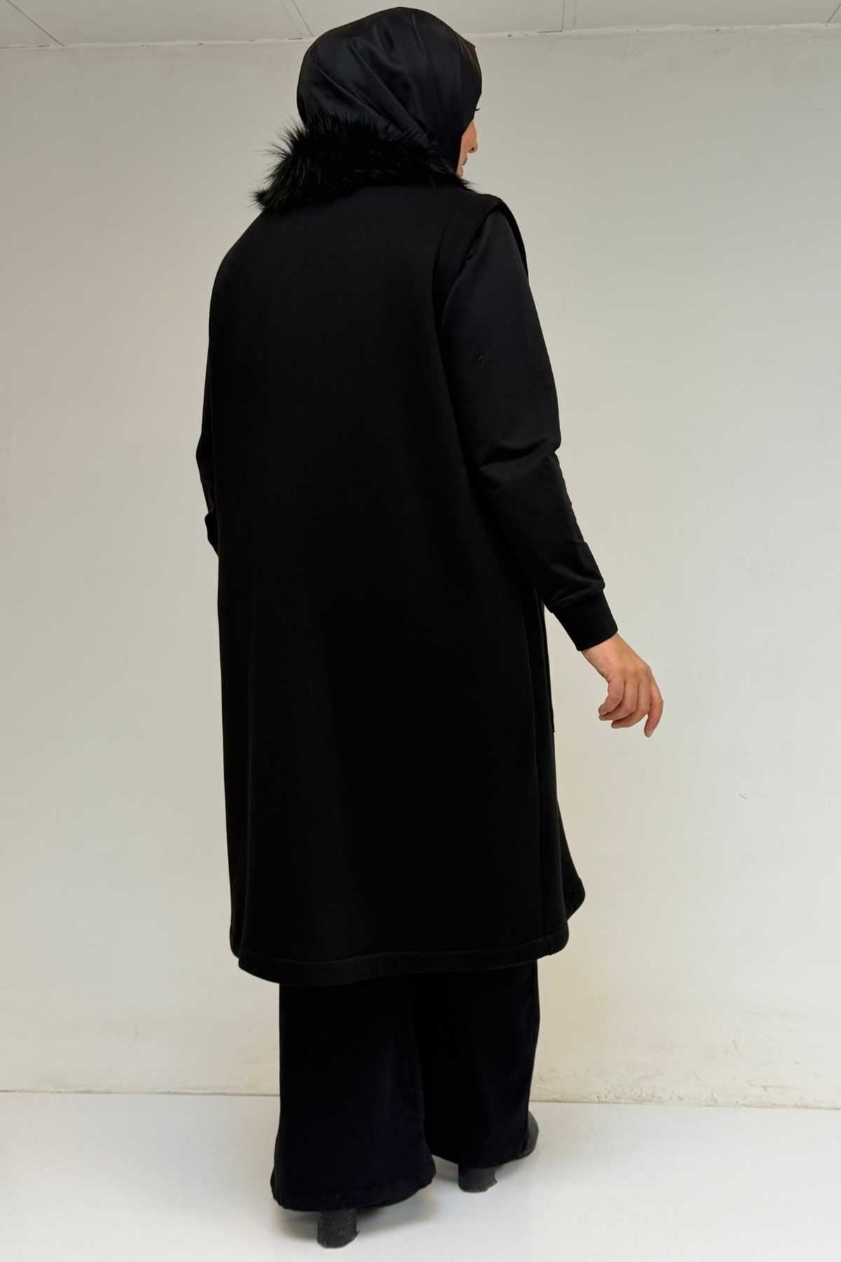 44006 Büyük Beden Cepleri Fermuarlı Üç İplik Yelek - Siyah