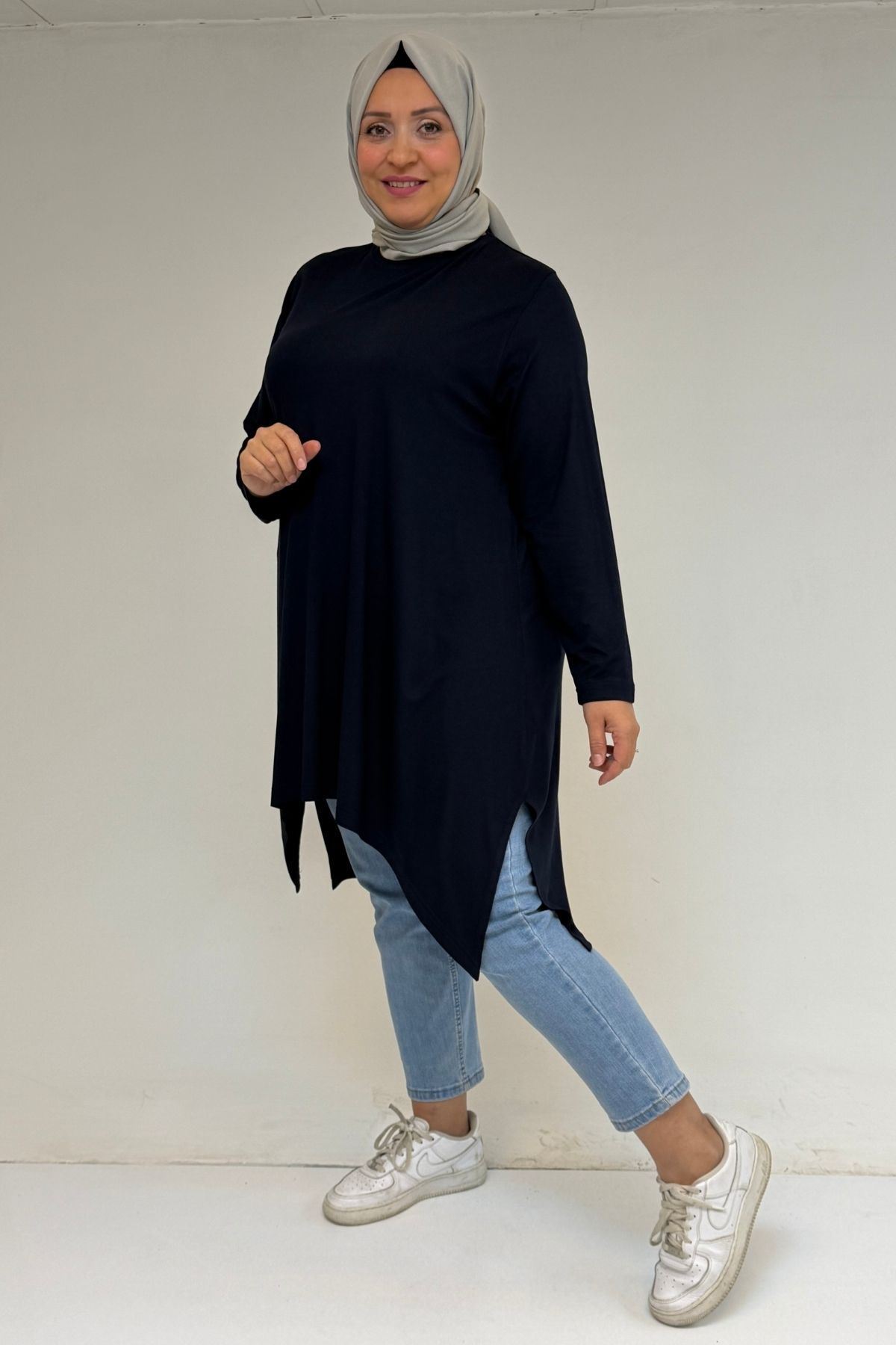 58070 Büyük Beden Asimetrik Kesim Penye Tunik - Lacivert