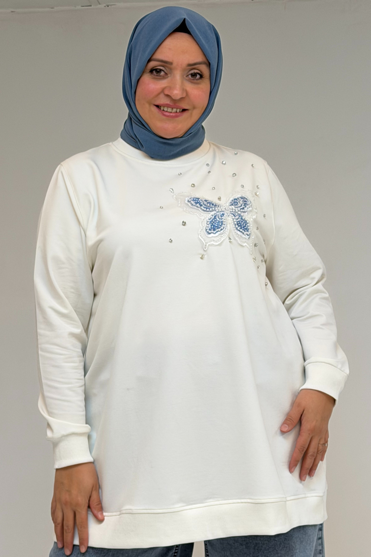 58172 Büyük Beden Taş Baskı Detaylı Kristal Tunik - Ekru