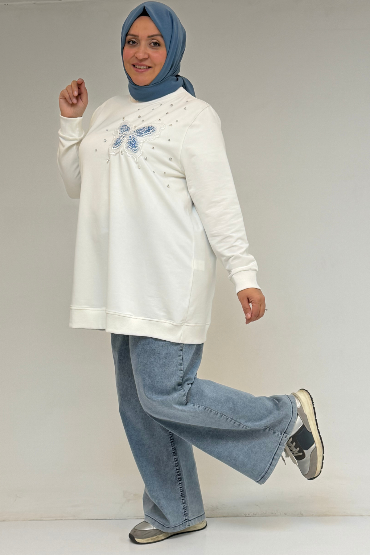 58172 Büyük Beden Taş Baskı Detaylı Kristal Tunik - Ekru